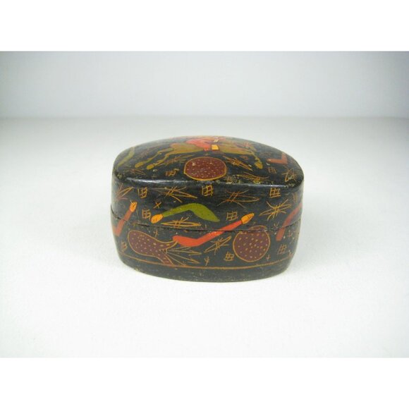 Vintage Kashmir Paper Mache Box Hand Painted Trinket Box Archer Horse - Picture 2 of 14